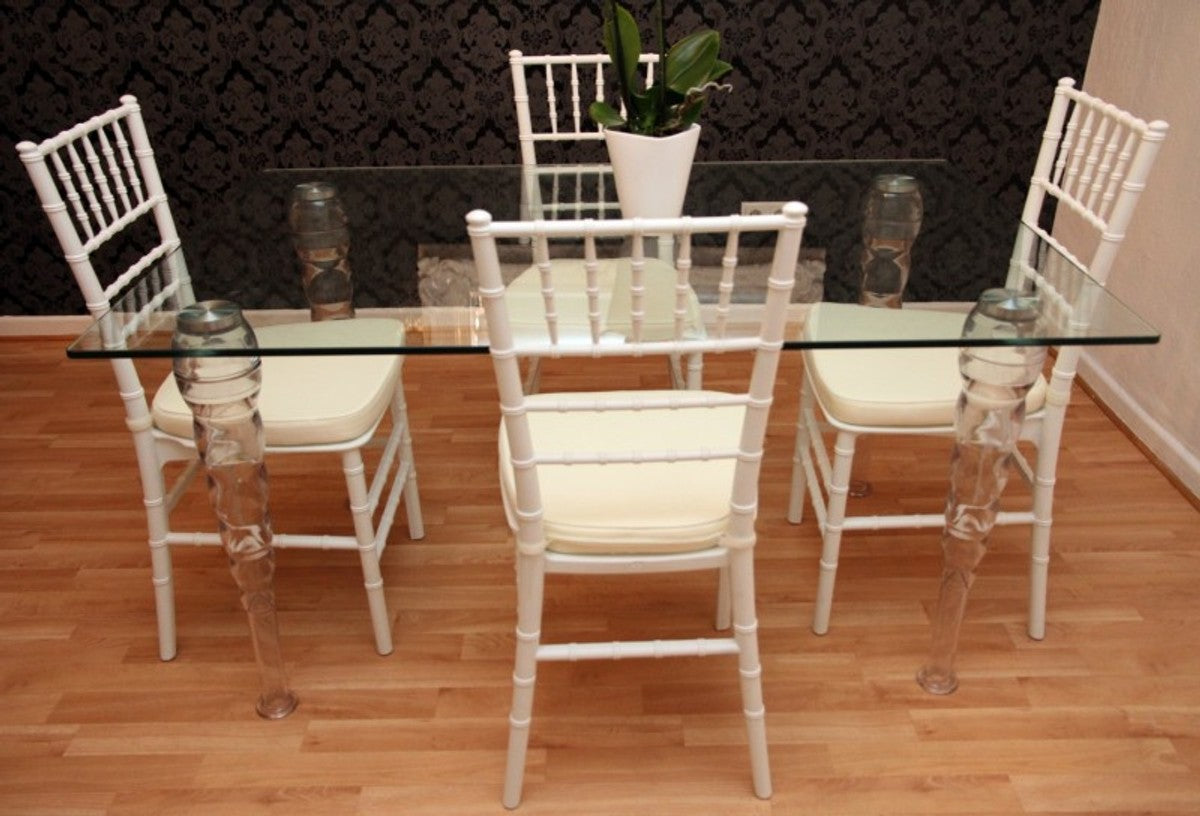 Designer Acryl Esszimmer Set Weiß/Creme - Ghost Chair Table - Polycarbonat Möbel - 1 Tisch + 4 Stühle - Designer Möbel