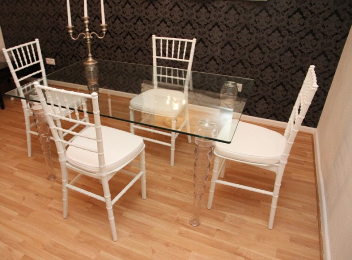 Designer Acryl Esszimmer Set Weiß/Weiß - Ghost Chair Table - Polycarbonat Möbel - 1 Tisch + 4 Stühle - Designer Möbel