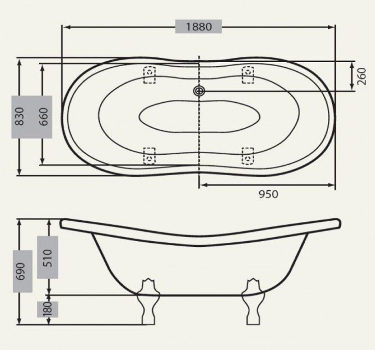 Freistehende Luxus Badewanne Jugendstil Paris Weiß/Silber 1880mm - Barock Badezimmer