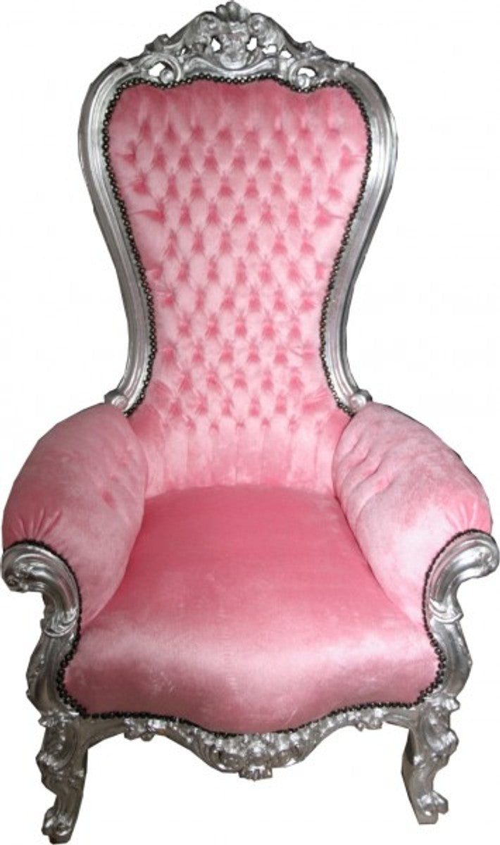 Barock Thron Sessel Majestic Medium Rosa/Silber - Riesensessel - Thron Stuhl Tron