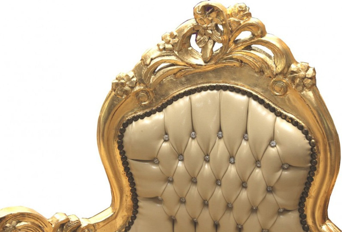 Barock Chaiselongue Creme/Gold Lederoptik mit Bling Bling Glitzersteinen - Recamiere Liege Lounge