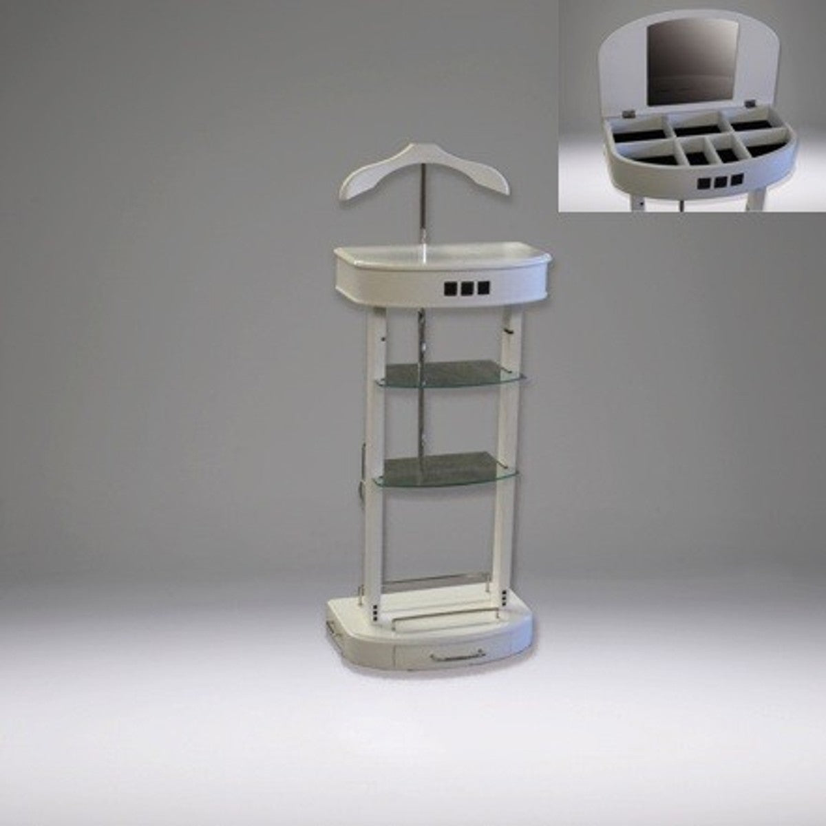 Designer Luxus Garderoben Ständer mit Spiegel und Regalen Weiß - Dressboy - Kleiderständer Anzugständer - Barock Empire Art Deco Jugendstil Biedermeier