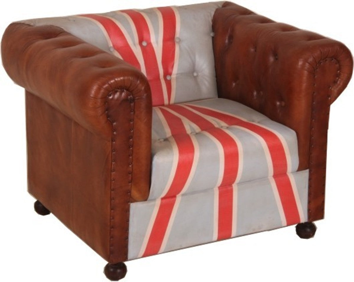 Chesterfield Luxus Echt Leder Sessel Union Jack / Braun 1 Sitzer Vintage Leder von Englische Flagge England Möbel