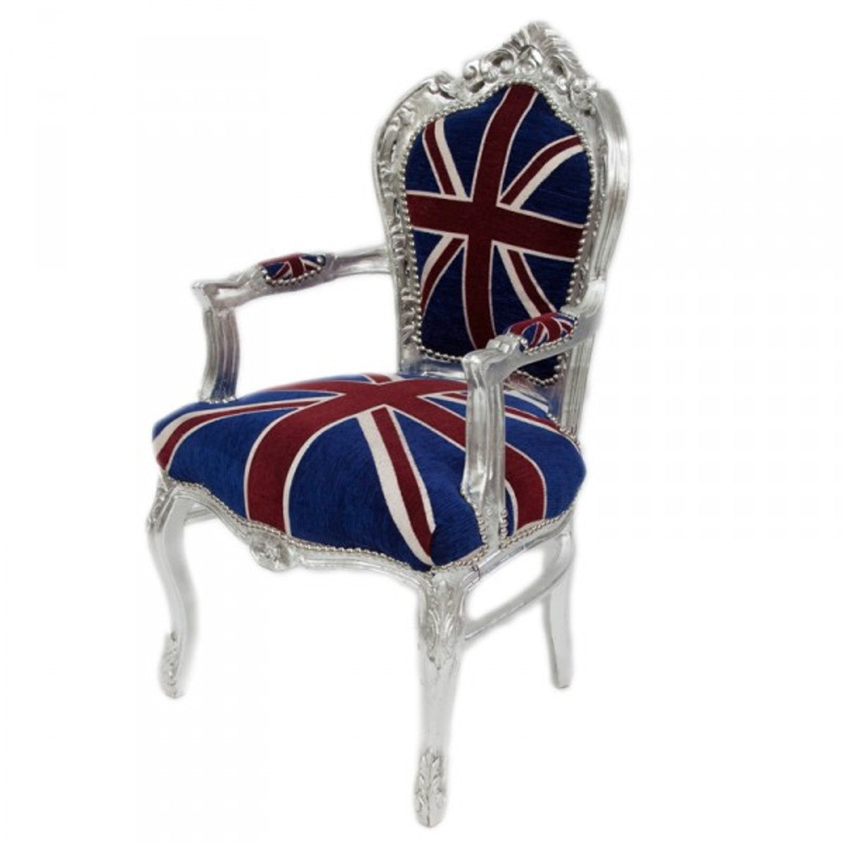 Barock Esszimmer Stuhl mit Armlehnen Union Jack / Silber - Möbel Antik Stil