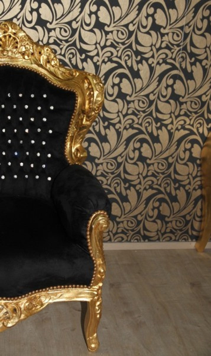 Barock Sessel King Schwarz/Gold mit Bling Bling Glitzersteinen