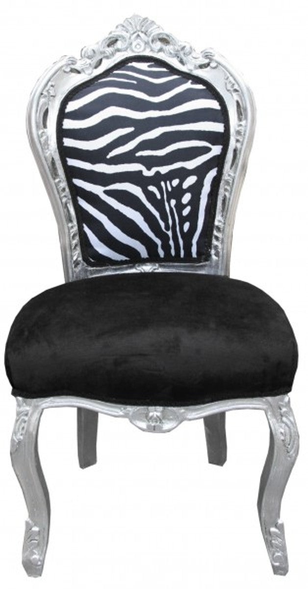 Barock Esszimmer Stuhl Schwarz / Weiß / Silber ohne Armlehnen - Antik Möbel Zebra