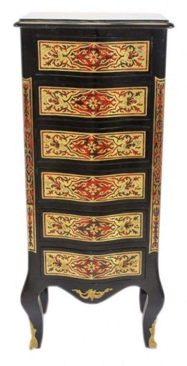 Barock Boulle Kommode Schwarz / Gold / Rot mit 6 Schubladen - Möbel Schrank Sideboard