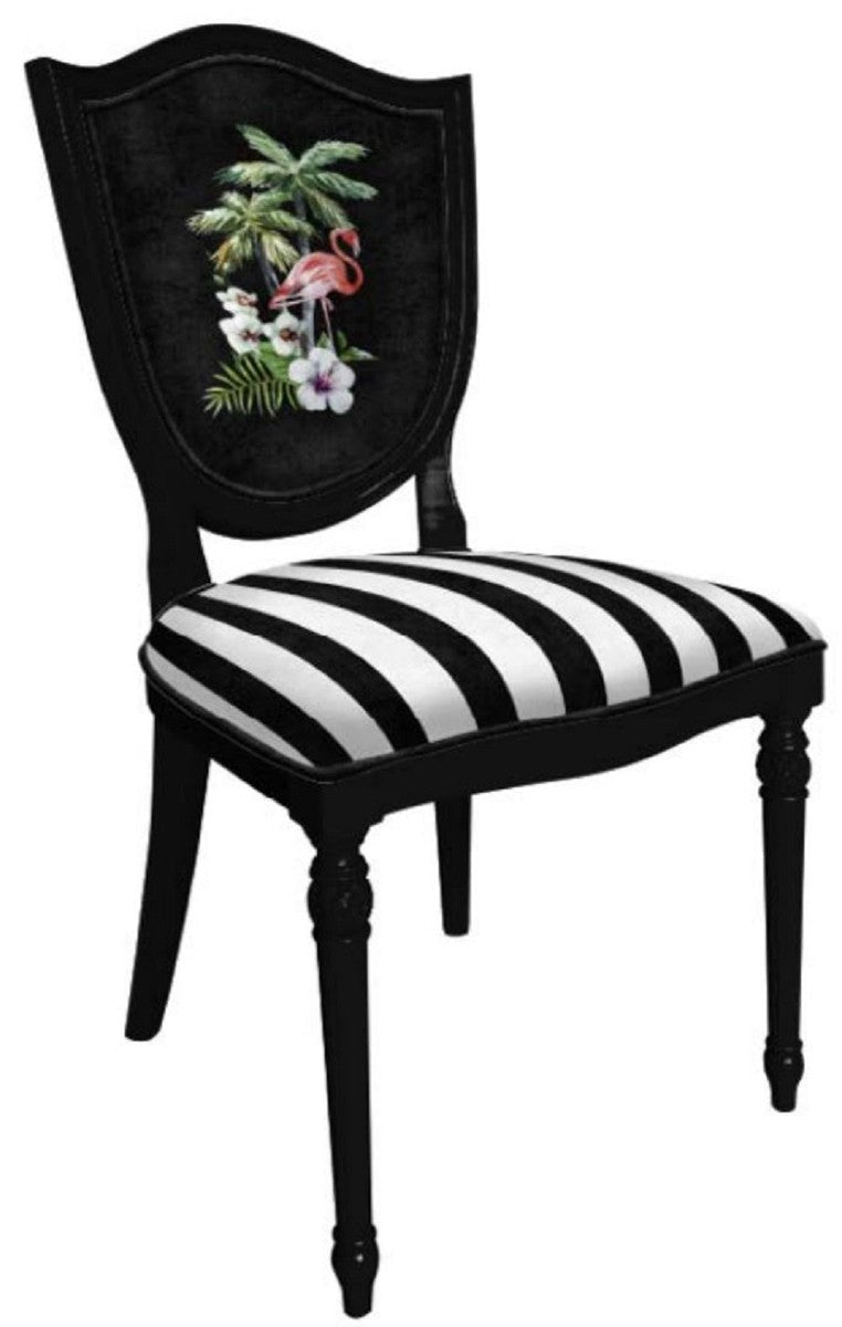 Art Deco Esszimmerstuhl Set Weiß / Mehrfarbig / Schwarz - 6 Handgefertigte Art Deco Küchen Stühle mit Design und Streifen - Art Deco Esszimmer Möbel