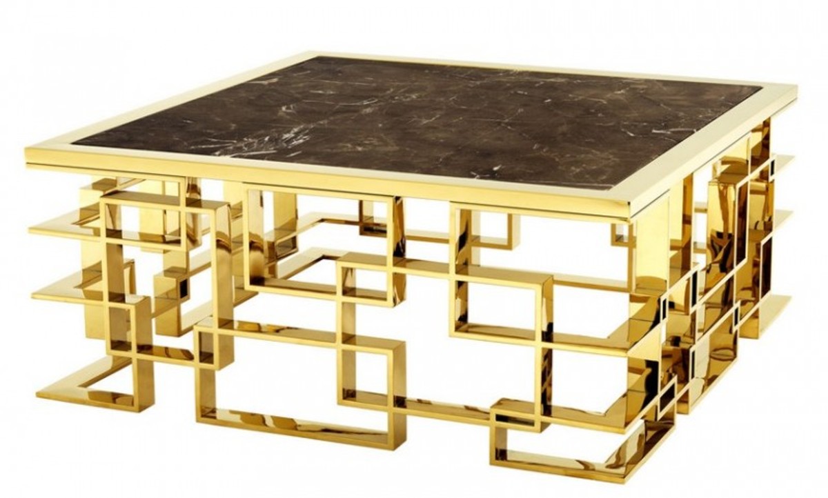 Art Deco Luxus Couchtisch Edelstahl / Gold Finish mit Marmorplatte 100 x 100 x H. 45 cm - Wohnzimmer Salon Tisch - Hotel Möbel
