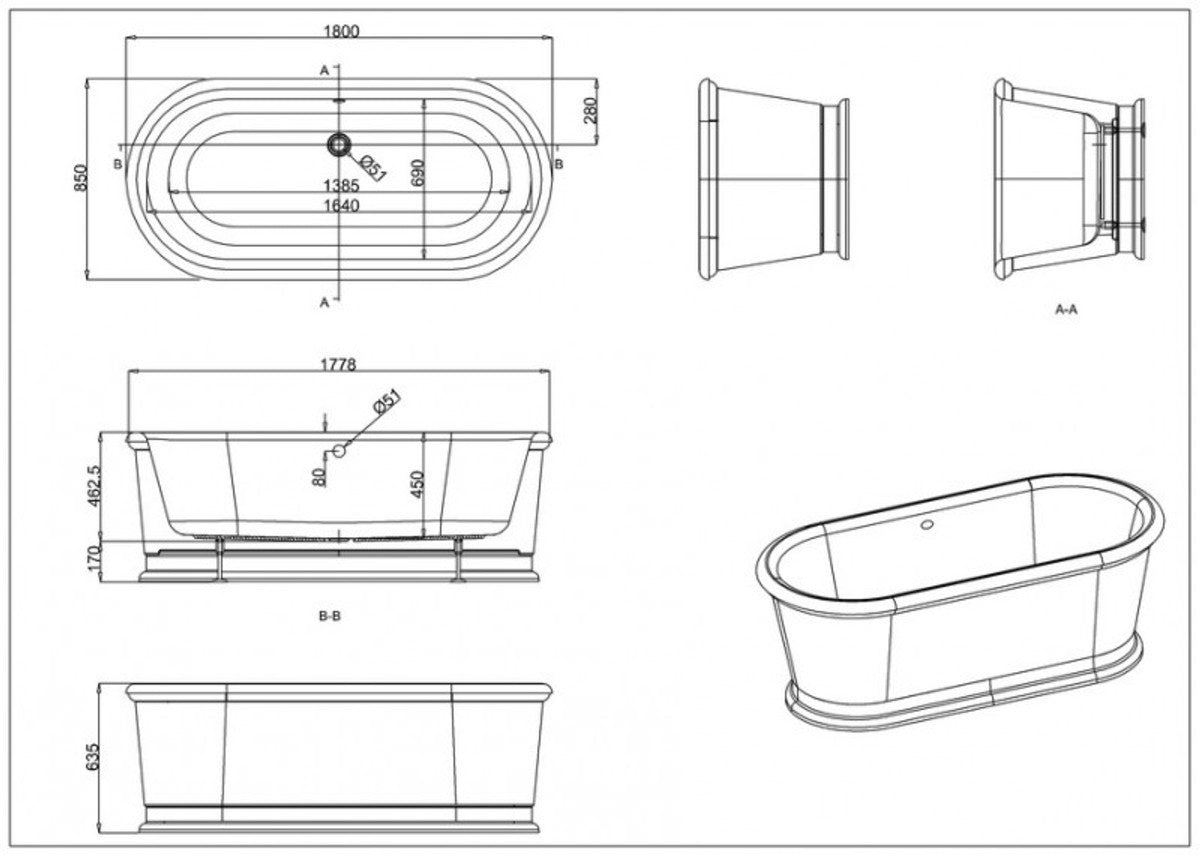 Badewanne freistehend 1800mm BLonR Weiß - Freistehende Retro Antik Badewanne