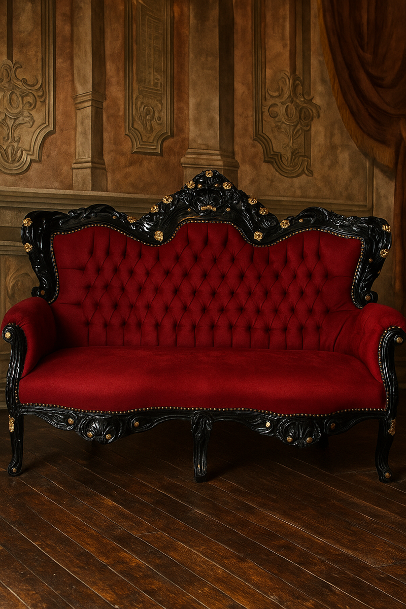 Barock 2er Samt Sofa Bordeauxrot / Schwarz / Gold - Barock Möbel