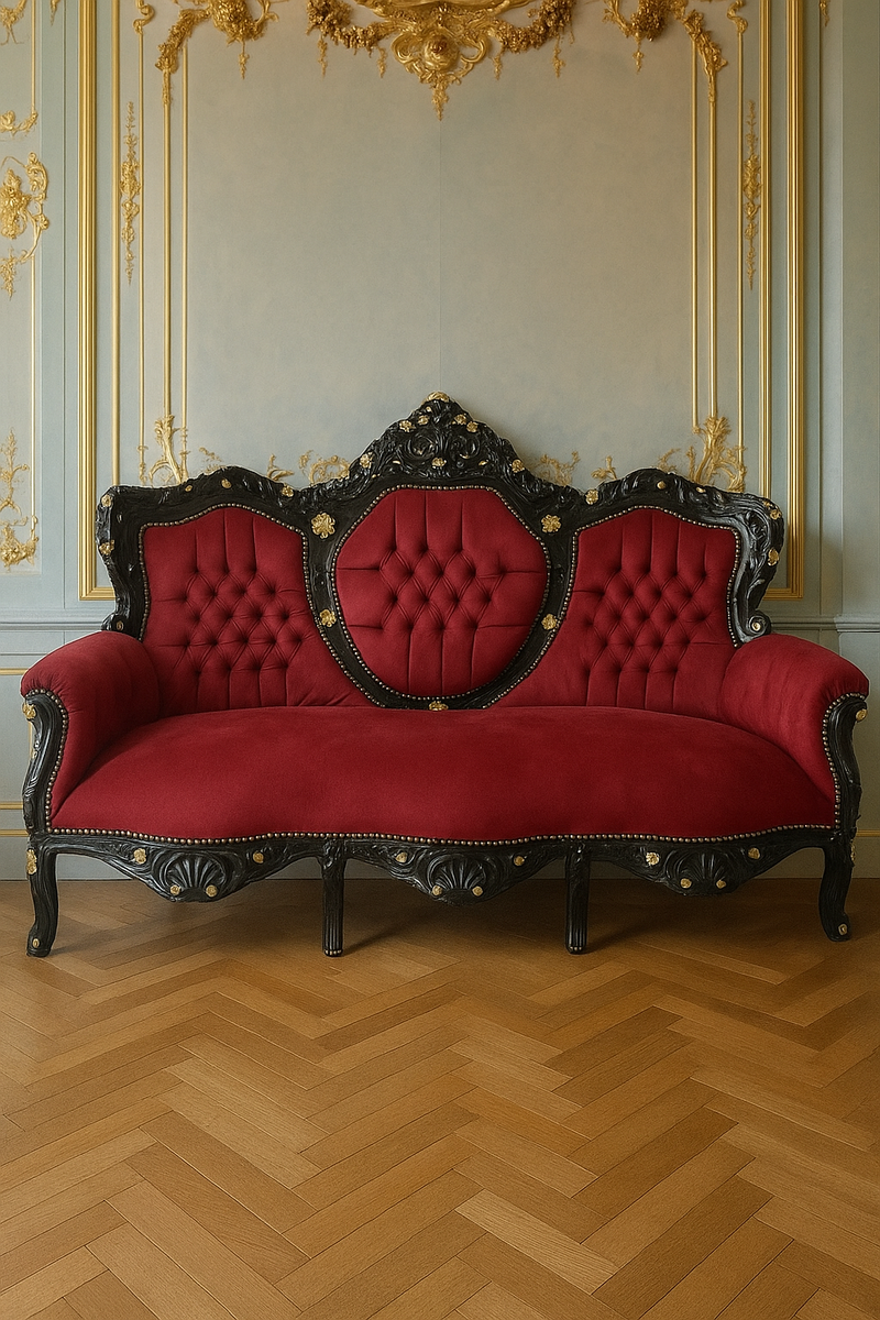 Barock 3er Samt Sofa Bordeauxrot / Schwarz / Gold - Barock Möbel