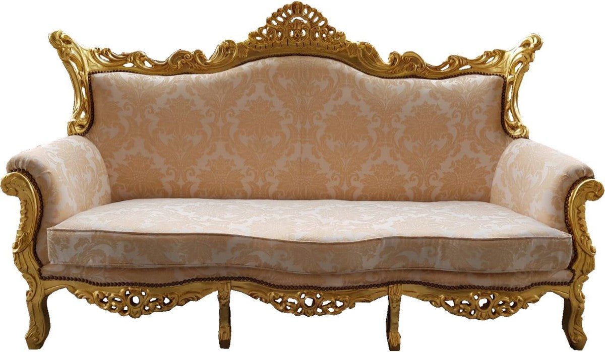 Barock 3er Sofa Creme Muster / Gold - Wohnzimmer Möbel Couch Lounge