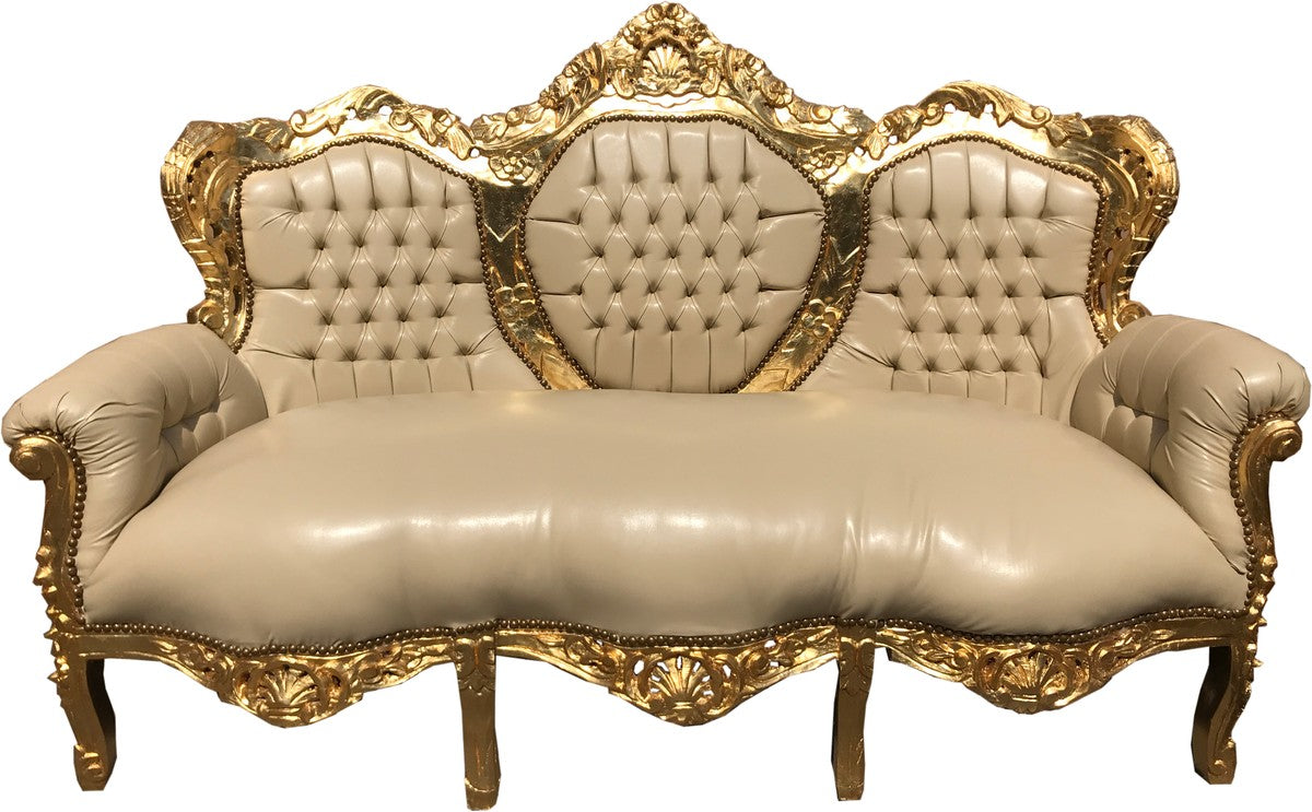 Barock 3er Sofa King Creme Lederoptik / Gold - Wohnzimmer Couch Möbel Lounge