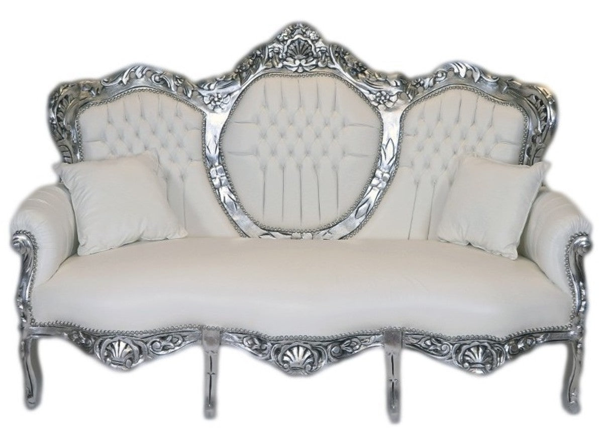 Barock 3er Sofa King Weiß Lederoptik / Silber - Wohnzimmer Couch Möbel Lounge
