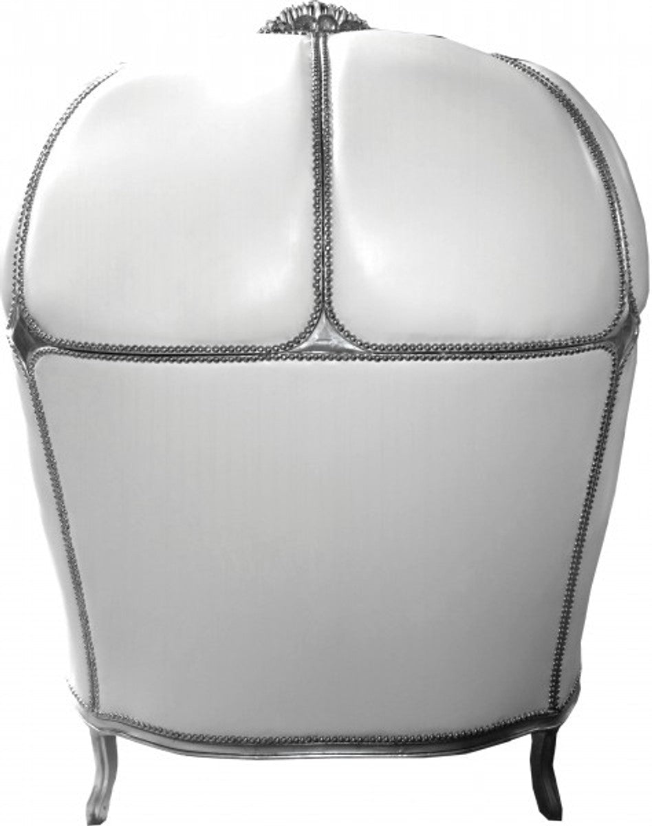 Barock 2er Ballon Sofa Weiß Lederoptik / Silber - Wohnzimmer Couch Möbel Lounge Hochzeit