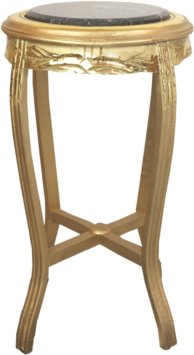 Barock Beistelltisch mit Marmorplatte Gold / Schwarz Ø 41 x H. 69 cm - Runder handgeschnitzter Antik Stil Telefontisch Blumentisch
