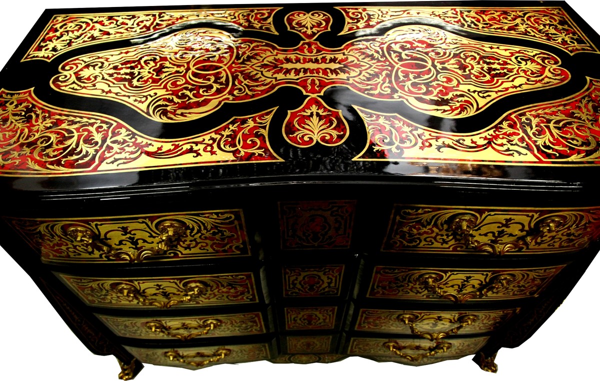 Barock Boulle Kommode Schwarz / Gold / Rot 112 cm - Möbel Schrank Sideboard