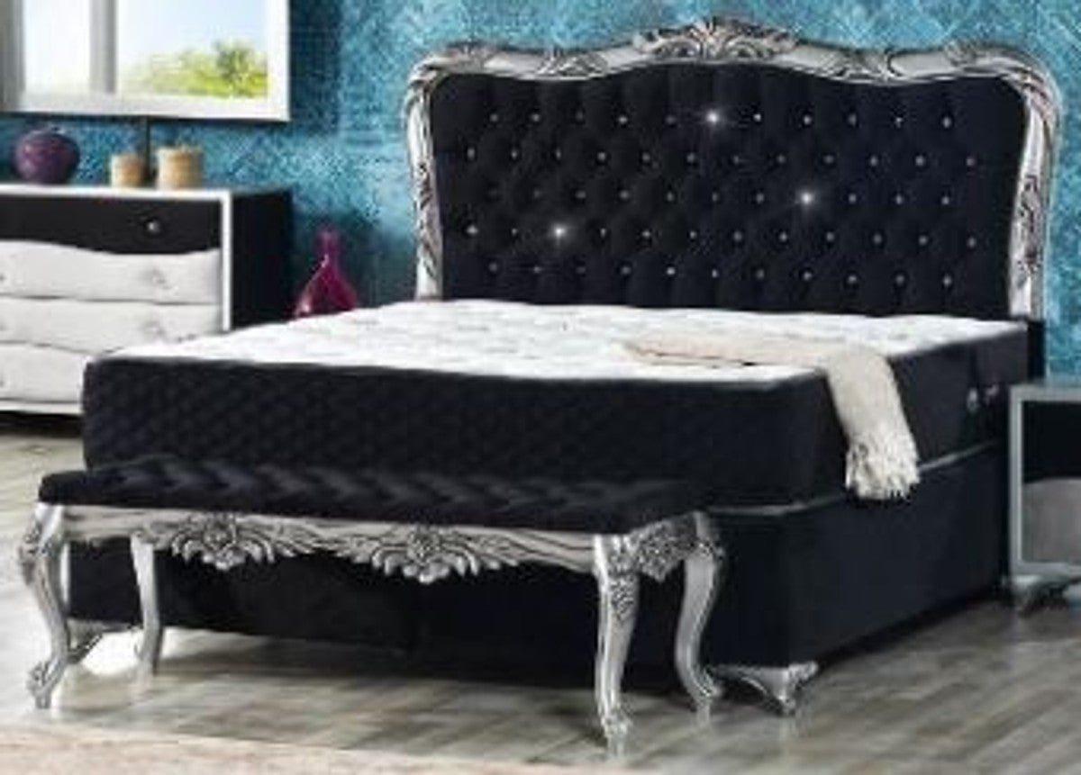 Barock Samt Bett Schwarz / Silber - Prunkvolles Doppelbett mit Glitzersteinen und Matratze - Barock Schlafzimmer Möbel