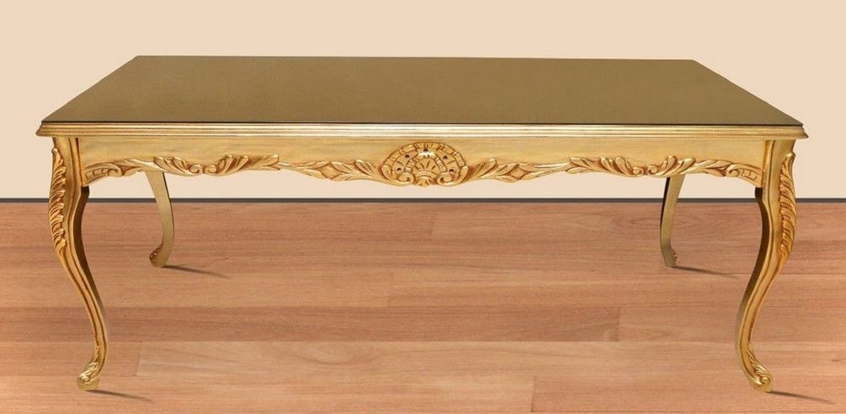 Barock Esstisch Gold 200 x 100 x H. 90 cm - Massivholz Küchentisch mit Glasplatte - Barock Esszimmer Möbel