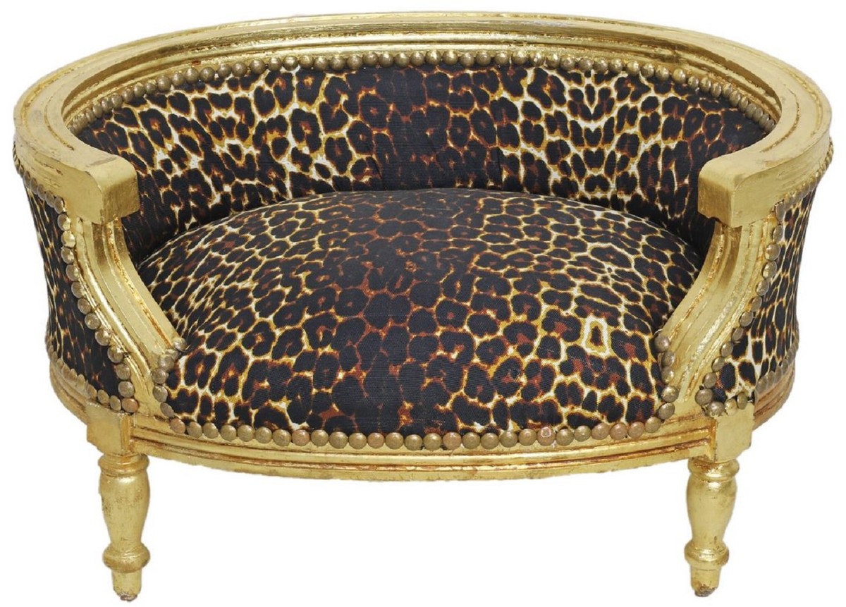 Barock Hundebett & Katzenbett Leopard Muster / Antik Gold - Handgefertigtes Hunde & Katzen Sofa im Barockstil - Barock Hunde & Katzen Möbel - Barock Tiermöbel