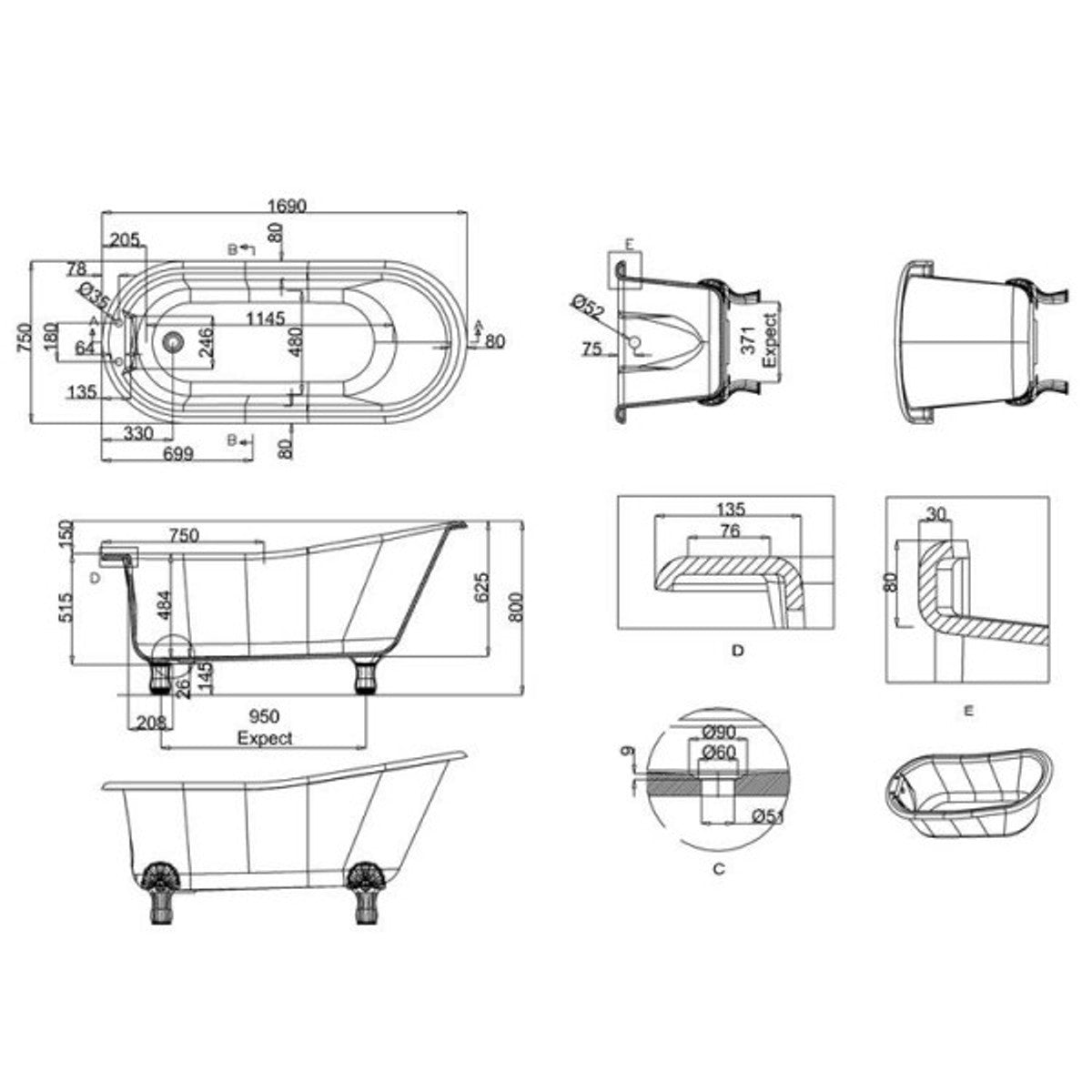 Jugendstil Badewanne Naturstein freistehend 1700mm BHan Weiß - Freistehende Retro Barock Antik Badewanne