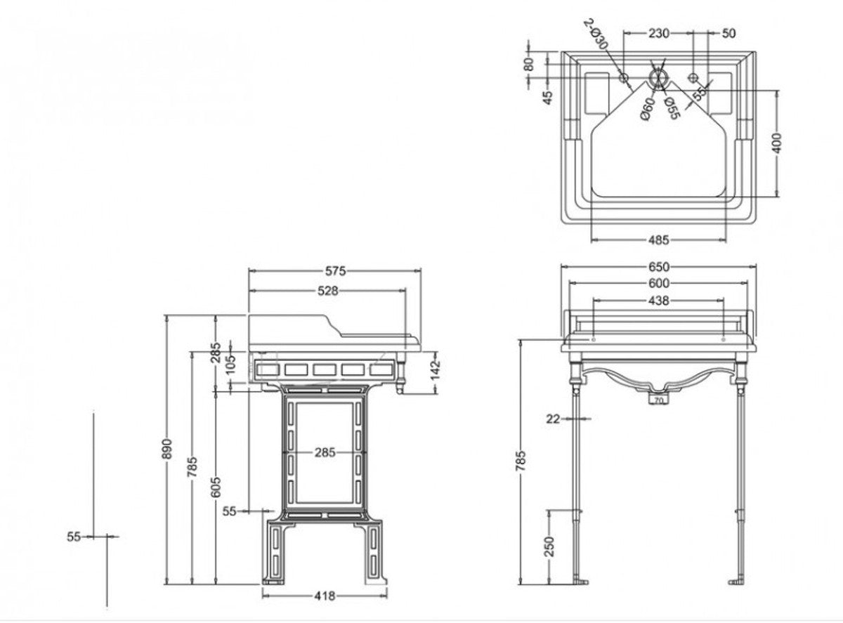Jugendstil Stand Waschtisch Weiß / Schwarz mit 2 Hahnlöchern - Barock Waschbecken Barockstil Antik Stil