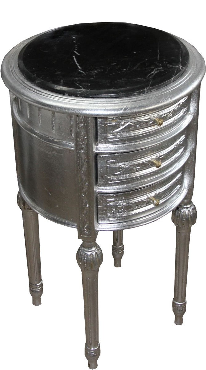 Barock Kommode / Beistelltisch Silber mit schwarzer Marmorplatte Höhe 72 cm, Durchmesser 41 cm - Nachttisch Konsole