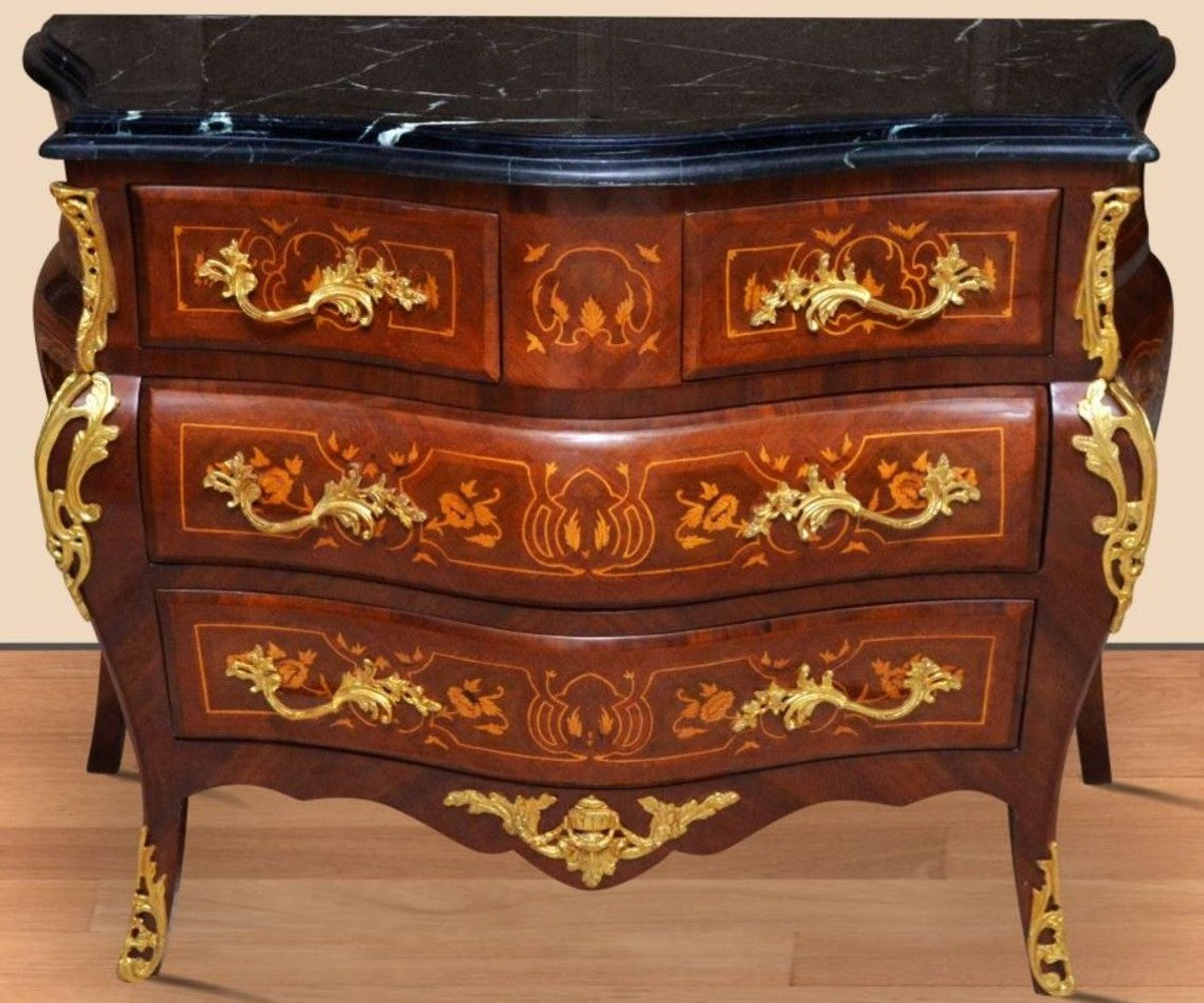 Barock Kommode Braun / Gold / Schwarz 120 x 50 x H. 85 cm - Handgefertigte Massivholz Kommode mit 4 Schubladen und Marmorplatte - Barock Möbel