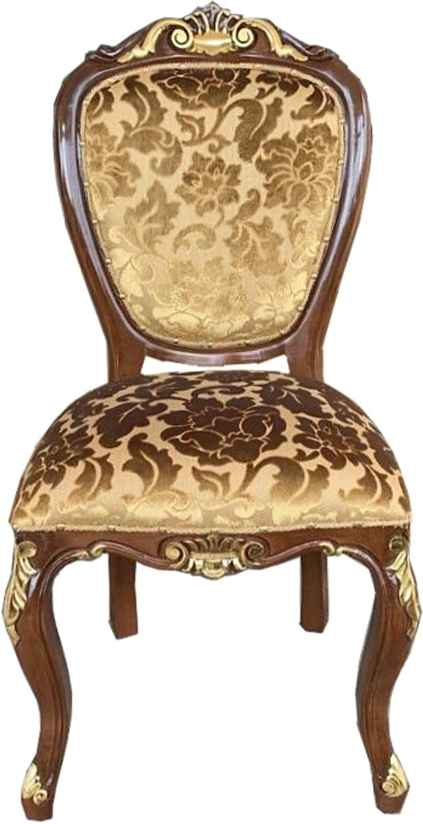 Barock Luxus Esszimmer Stuhl Gold Muster / Braun-Gold Antik Look - Luxus Hotel Möbel - Made in Italy