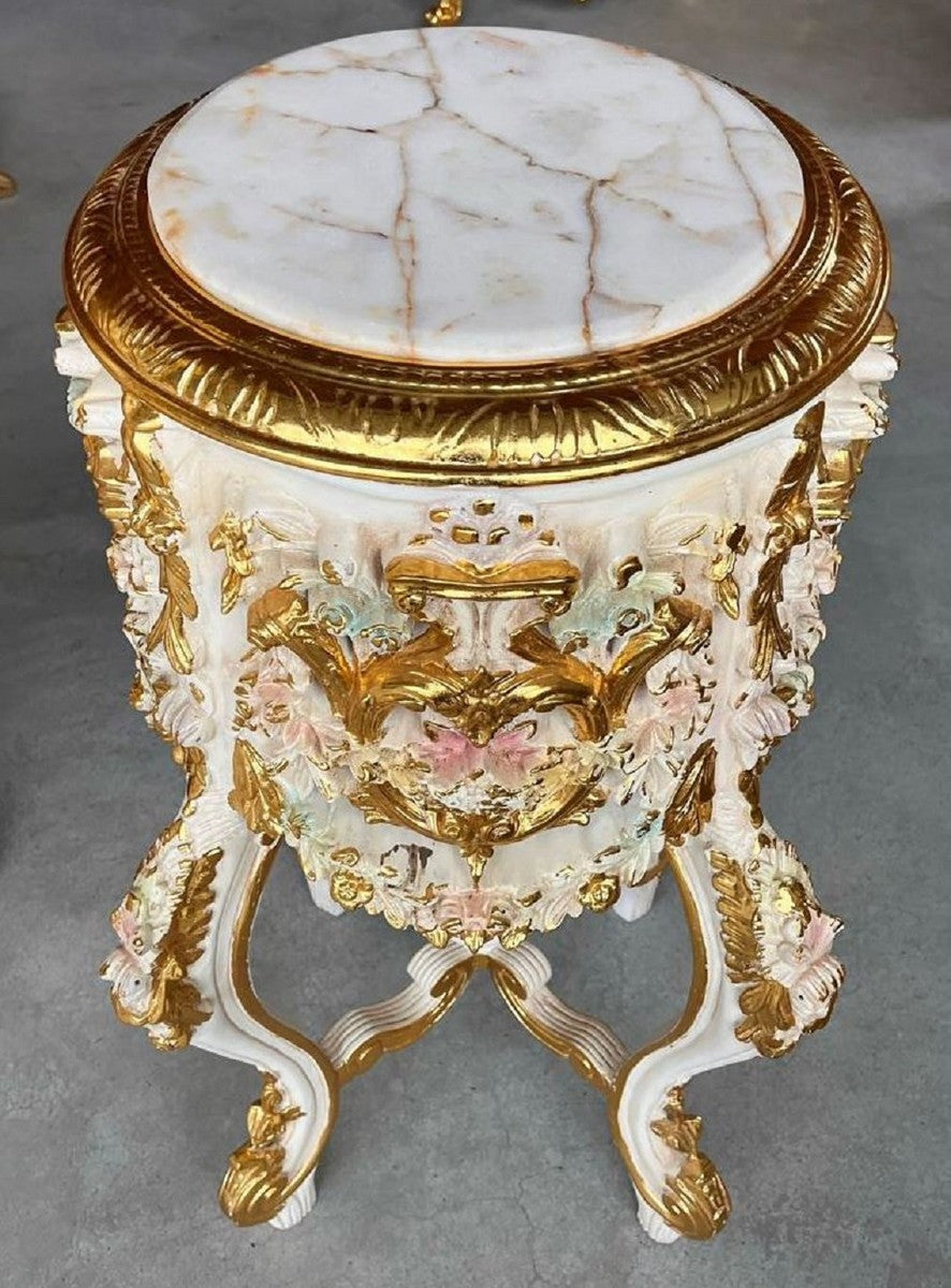 Barock Säule mit Marmorplatte Weiß / Rosa / Gold - Prunkvoller Antik Stil Massivholz Blumentisch - Wohnzimmer Möbel im Barockstil - Antik Stil Möbel - Barock Möbel