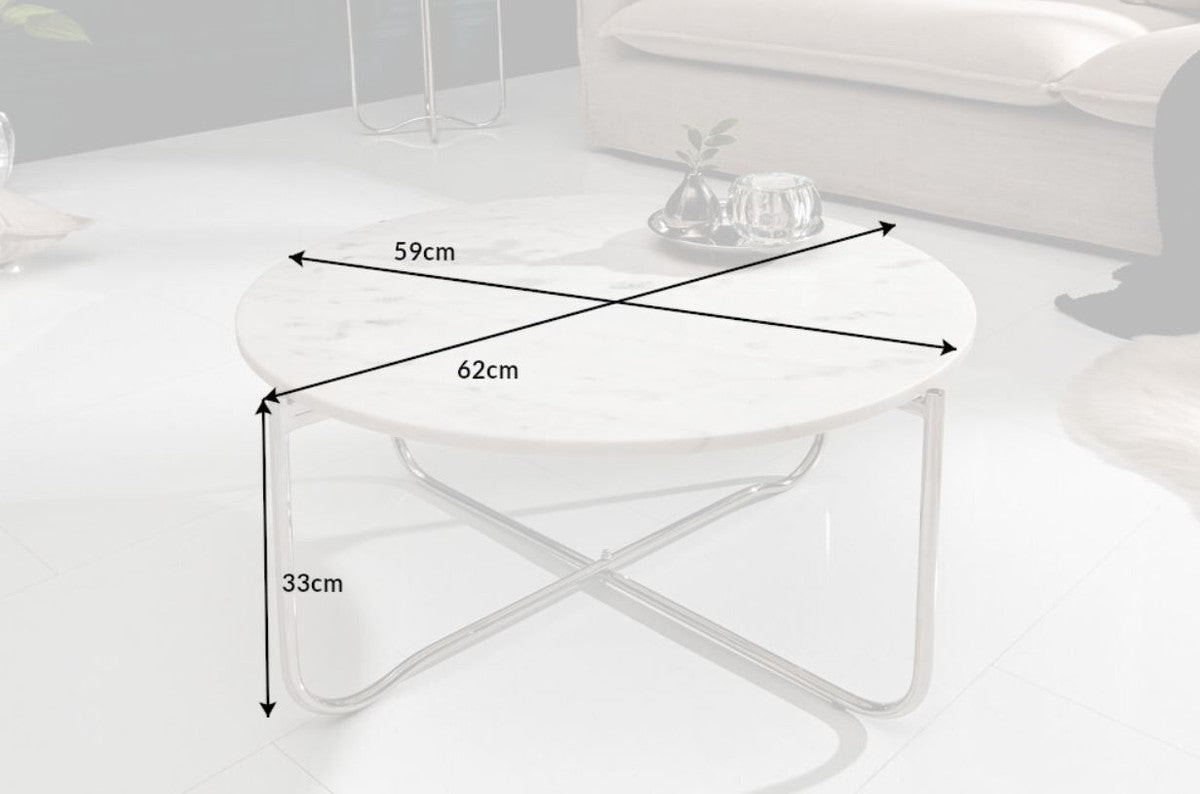 Couchtisch mit Marmorplatte Weiß / Silber Ø 62 cm - Wohnzimmer Möbel