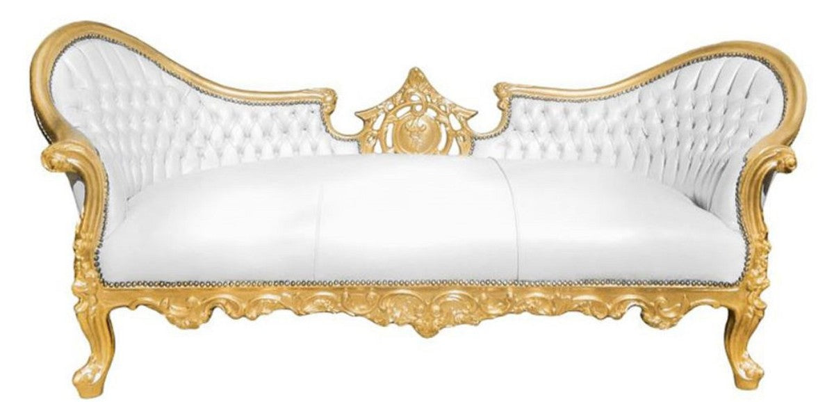 Barock Sofa Vampire Weiß / Gold 200 x 75 x H. 82 cm - Handgefertigte Lounge Couch mit Lederoptik - Limited Edition - Barockmöbel