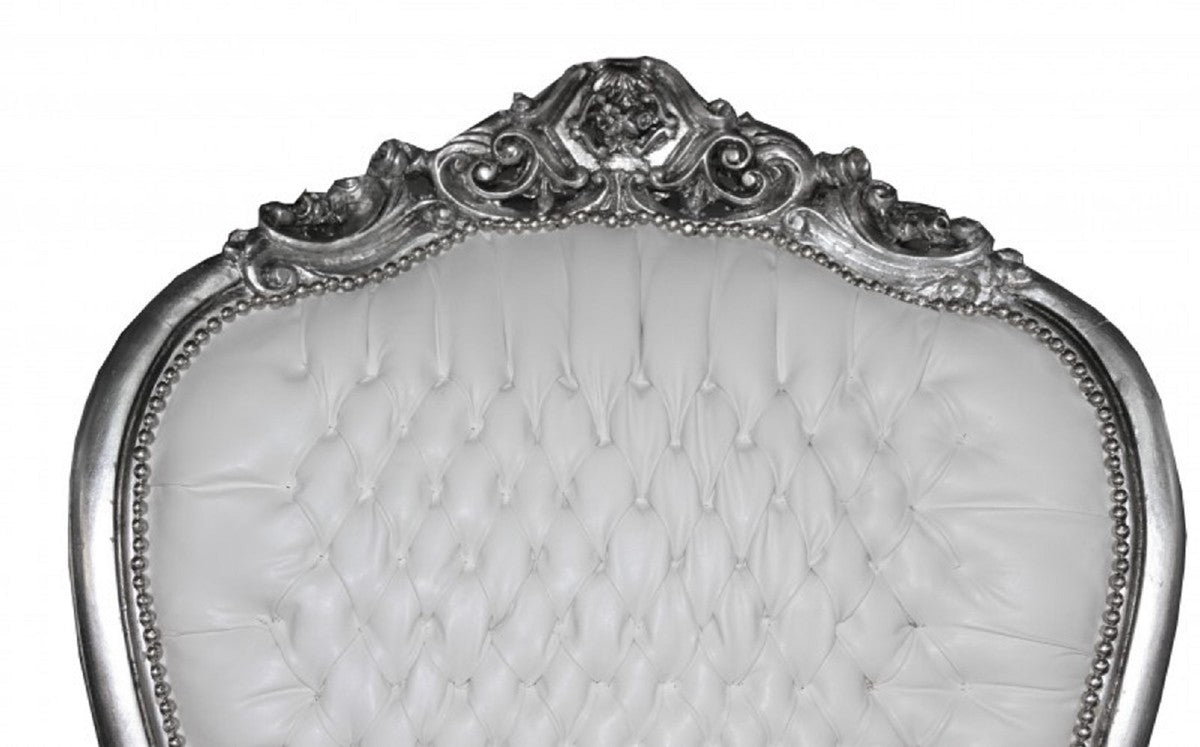 Barock Thron Sessel mit Kunstleder Weiß / Silber - Handgefertigter Königssessel - Prunkvoller Hochzeitssessel - Barock Riesensessel - Barock Möbel