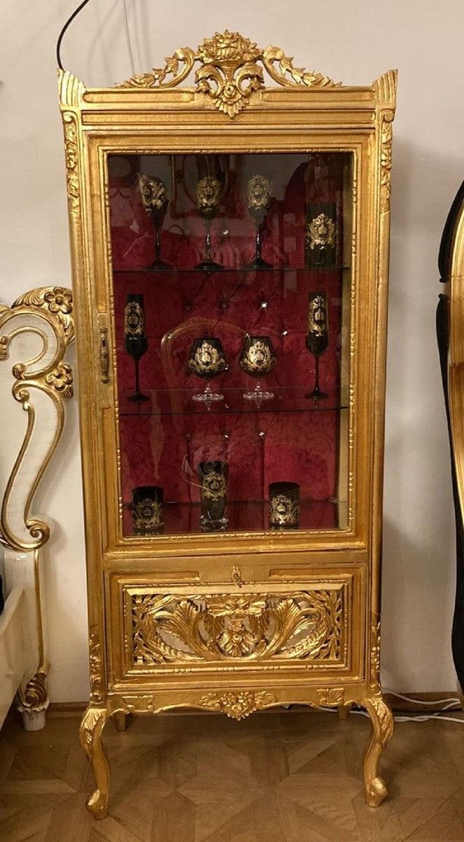 Barock Vitrine Gold / Bordeauxrot - Handgefertigter Massivholz Antik Stil Vitrinenschrank mit Glastür und Schublade - Antik Stil Möbel - Barock Möbel - Wohnzimmer Möbel im Barockstil