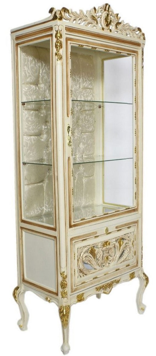 Barock Vitrine Cremefarben / Beige / Gold 70 x 40 x H. 170 cm - Prunkvoller Barock Vitrinenschrank mit Glastür und Glitzersteinen - Barock Möbel