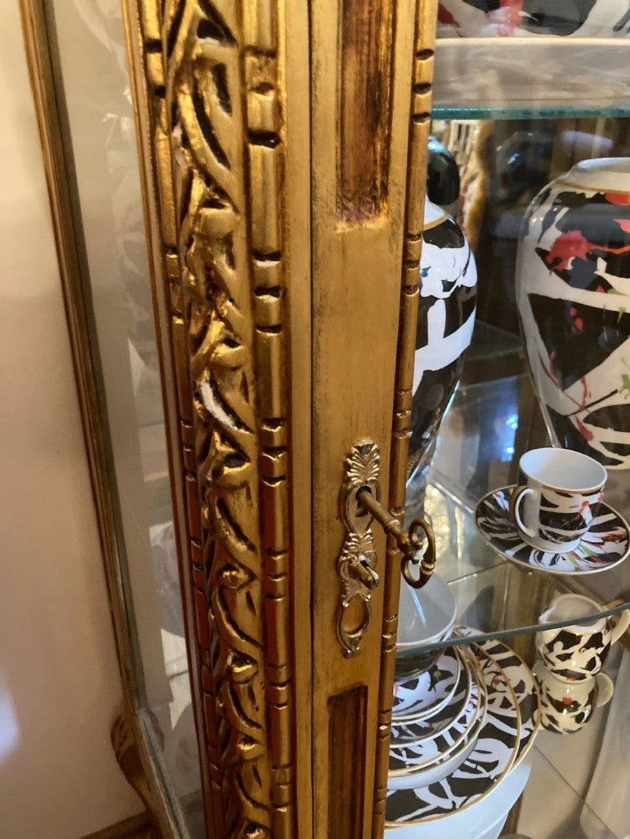 Barock Vitrine Gold / Creme - Handgefertigter Massivholz Vitrinenschrank mit Glastür und Marmorplatte - Wohnzimmer Möbel im Barockstil - Barock Möbel - Barock Einrichtung