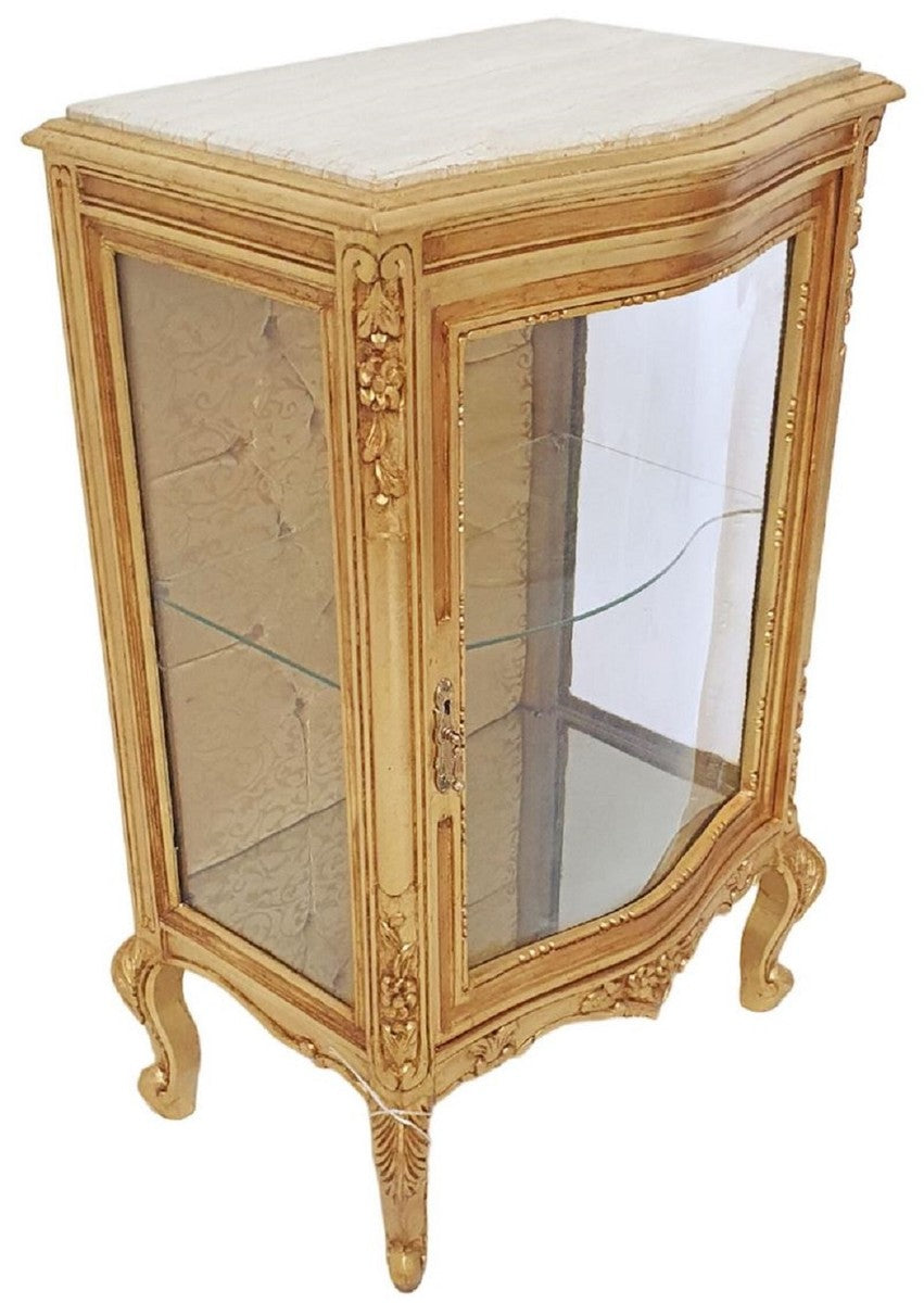 Barock Vitrine Gold / Creme - Handgefertigter Massivholz Vitrinenschrank mit Glitzersteinen und Marmorplatte - Wohnzimmer Möbel im Barockstil - Barock Möbel