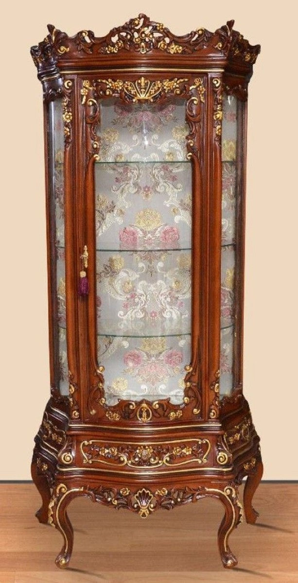 Barock Vitrine Braun / Gold - Prunkvoller Barock Vitrinenschrank mit Glastür und Schublade - Handgefertigte Barock Wohnzimmer Möbel