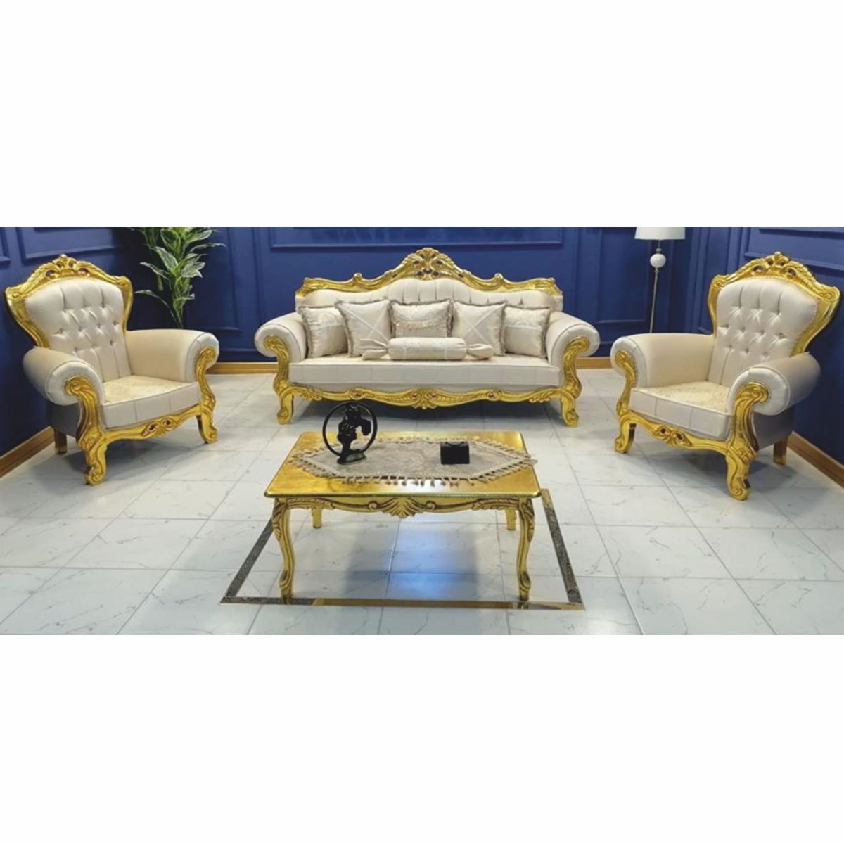 Barock Wohnzimmer Möbel Set Creme / Gold - Barockstil Möbel