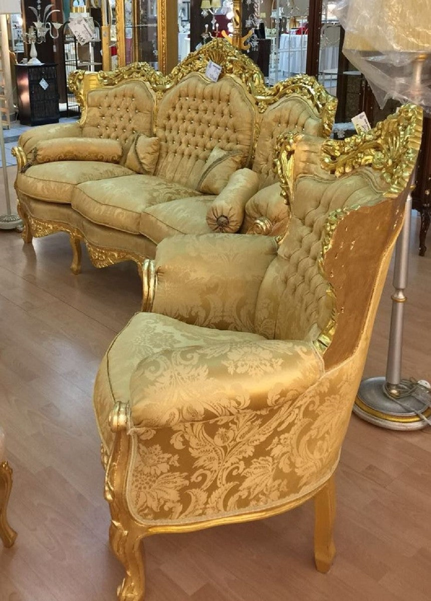 Barock Wohnzimmer Set Gold Muster / Gold - 1 Barock Sofa & 2 Barock Sessel - Wohnzimmer Möbel im Barockstil - Barock Möbel - Barock Wohnzimmer Einrichtung