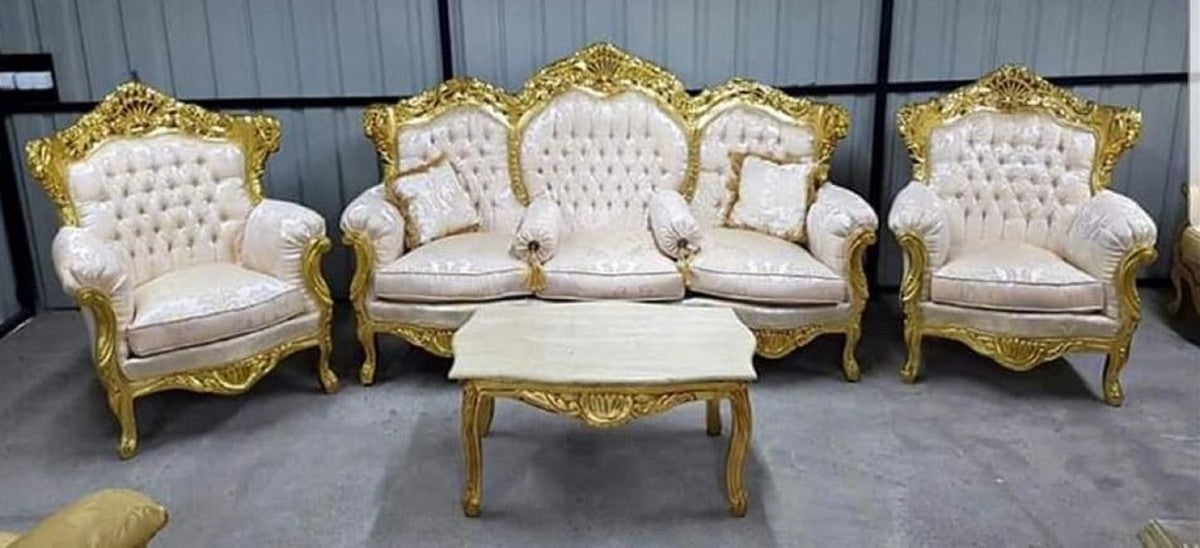 Barock Wohnzimmer Set Creme Muster / Gold - 1 Barock Sofa & 2 Barock Sessel - Wohnzimmer Möbel im Barockstil - Barock Möbel - Barock Wohnzimmer Einrichtung