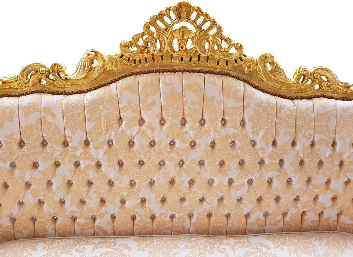 Barock Wohnzimmer Set Master Creme Muster / Gold mit Bling Bling Glitzersteinen - 3er Sofa + 2 Sessel - Limited Edition!