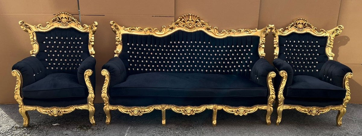 Barock Wohnzimmer Set Schwarz / Gold - 1 Barock Sofa & 2 Barock Sessel - Barock Möbel - Barock Wohnzimmer Einrichtung - Wohnzimmer Möbel im Barockstil