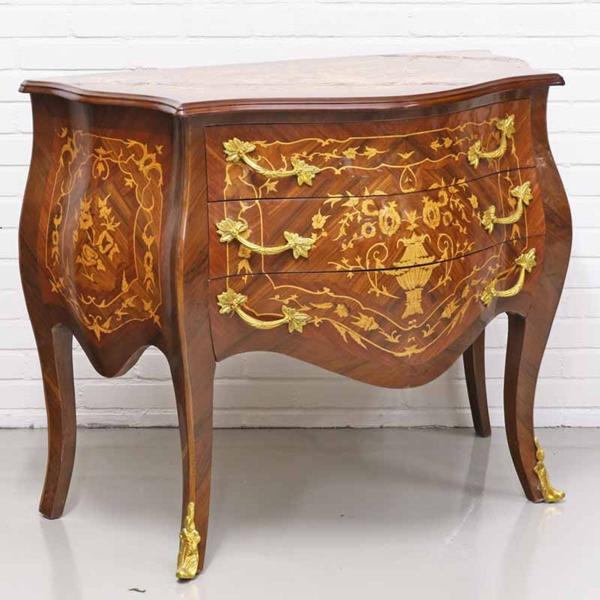 Barockstil Kommode mit 3 Schubladen in braun Intarsien / gold 100 x 50 x H. 80 cm - Möbel im Antik Stil