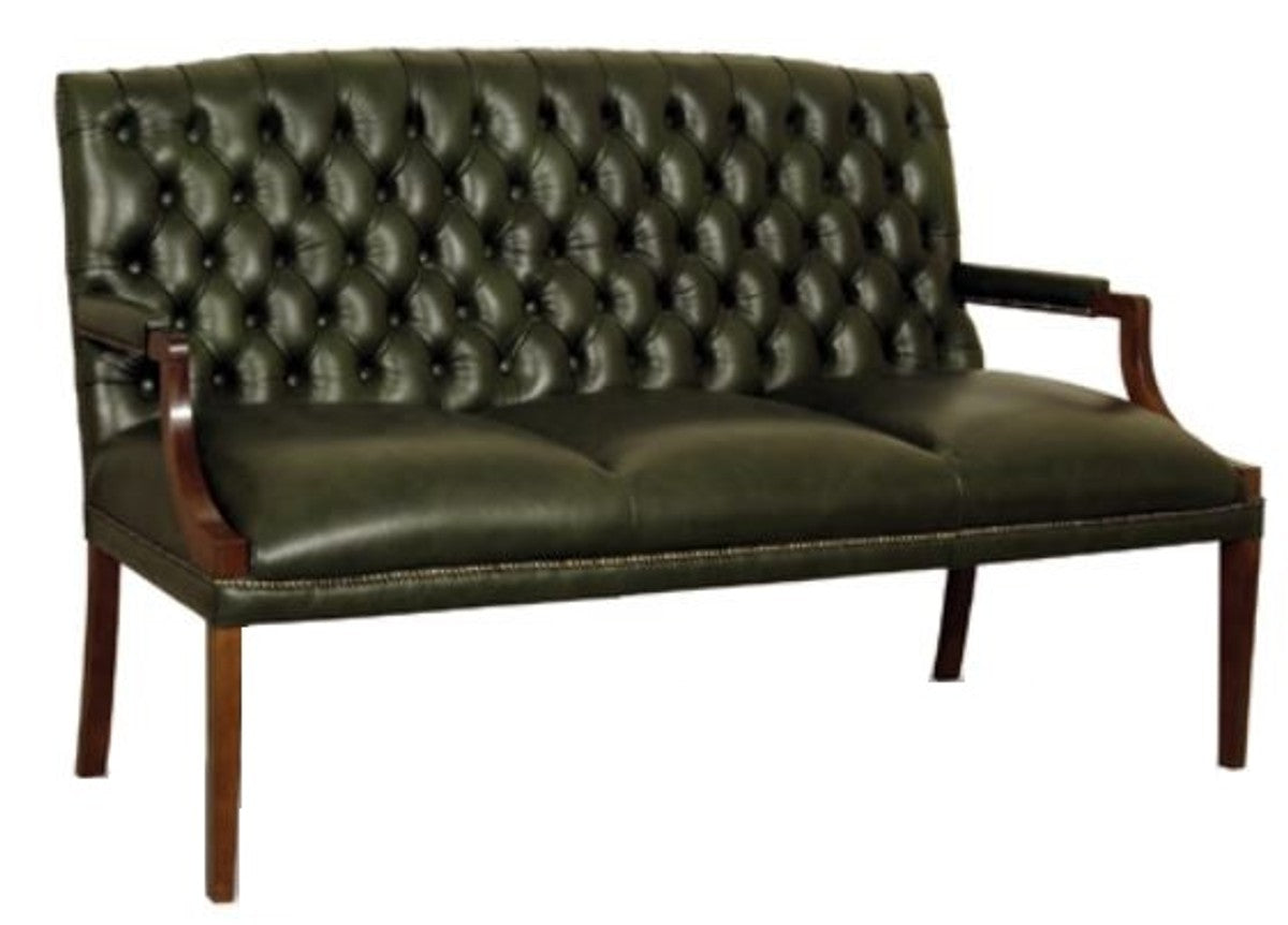 Chesterfield 3er Sitzbank mit Armlehnen Dunkelgrün / Dunkelbraun 180 x 60 x H. 100 cm - Echtleder Möbel