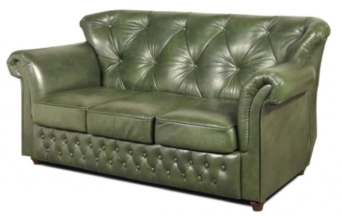 Chesterfield Echtleder 3er Sofa in grün mit dunkelbraunen Füßen 200 x 80 x H. 85 cm - Luxus Qualität