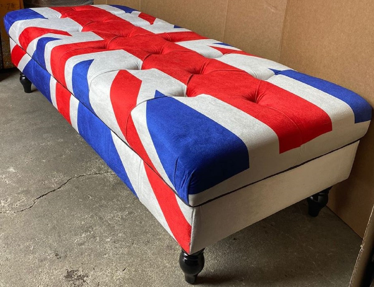 Chesterfield Sitzbank mit England UK Flagge 160 x 65 x H. 43 cm - Chesterfield Wohnzimmer Bank - Chesterfield Wohnzimmer Möbel