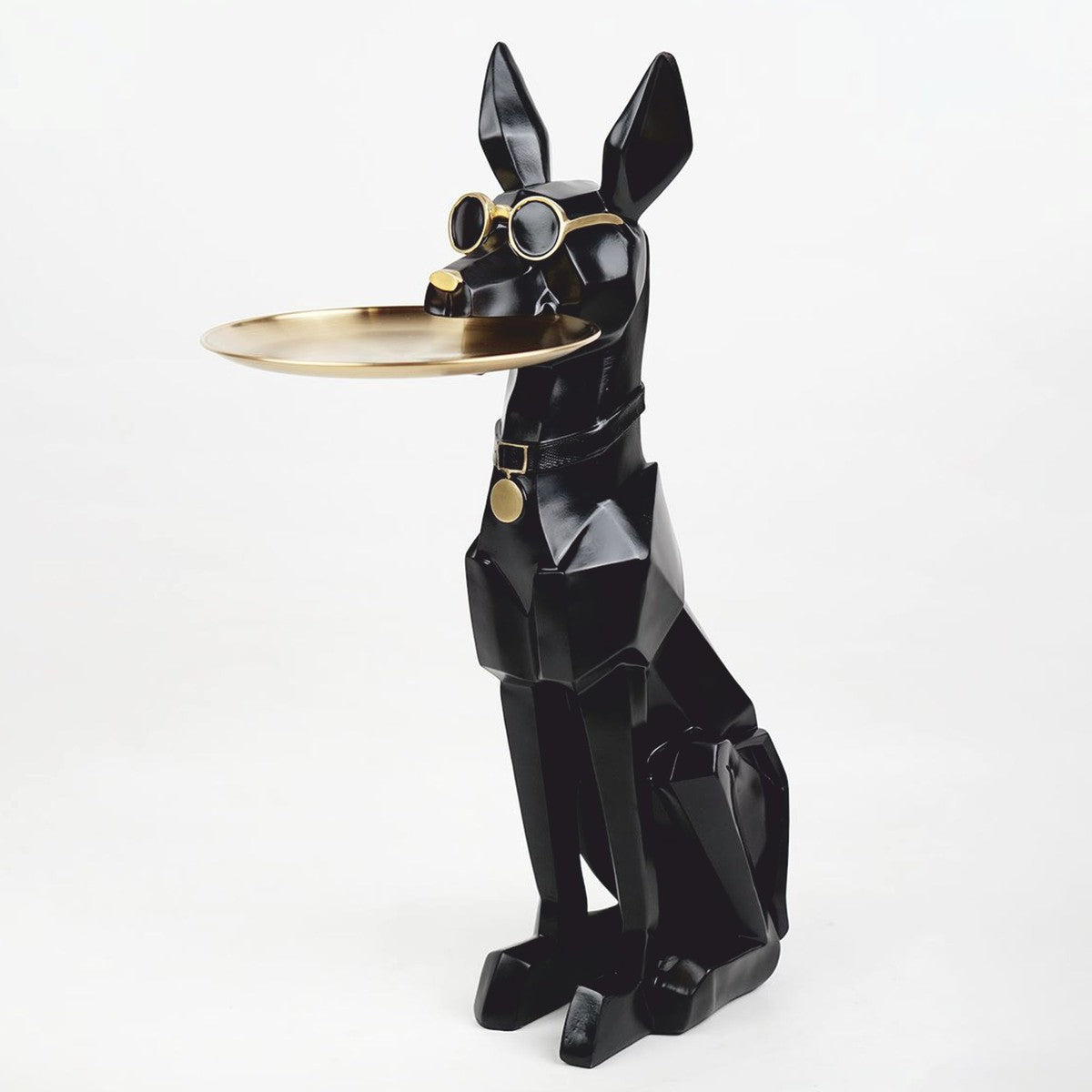 Deko Figur Dobermann mit Tablett Schwarz / Gold H. 77 cm - Deko Skulptur