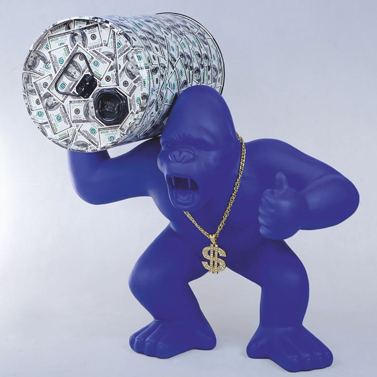 Deko Skulptur Gorilla mit Fass Blau H. 110 cm - Große Deko Figur